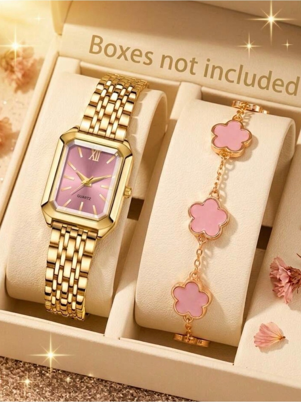 Gold-Tone Quartz Bracelet Watch with Pink Dial and Matching Pink Flower Bracelet